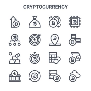 16 kripto para birimi konsept vektör çizgisi simgesi. 64x64 para çantası, bitcoin, bitcoin, hesap makinesi, çizgi, kripto para, bitcoin, veri şifreleme gibi ince vuruş simgeleri