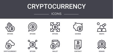 Kripto para birimi konsept çizgisi simgeleri ayarlandı. Web, logo, bitcoin, tasarruf, kripto para, cüzdan, sözleşme, ödül, külçe, bitcoin gibi kullanılabilir simgeler içerir