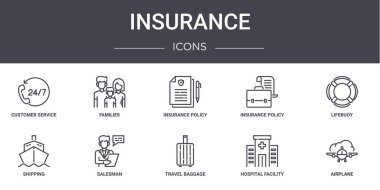 Sigorta konsepti simgeleri ayarlandı. Web, logo, ui / ux, aileler, sigorta poliçesi, nakliye, seyahat bagajı, hastane tesisi, uçak, can simidi, sigorta poliçesi gibi simgeler içerir