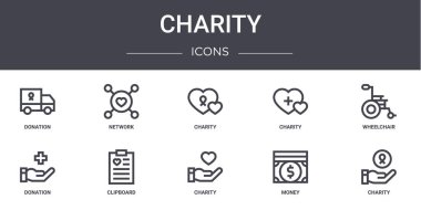 Hayır işi konsepti simgeleri ayarlandı. Web, logo, ui / ux gibi ağ, hayır kurumu, bağış, bağış, para, tekerlekli sandalye gibi simgeler içerir,