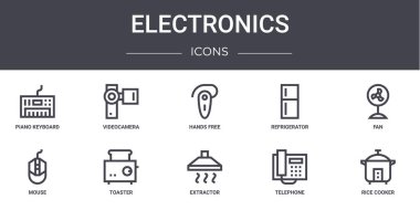 Elektronik konsept çizgi simgeleri ayarlandı. Web, logo, video kamera, buzdolabı, fare, sökücü, telefon, pilav pişirici, fan, eller boş gibi simgeler içerir