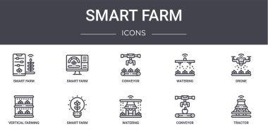 Akıllı çiftlik çizgisi simgeleri ayarlandı. akıllı çiftlik, sulama, dikey tarım, sulama, taşıyıcı, traktör, dron, taşıyıcı gibi ağ, logo, ui / ux gibi simgeler içerir