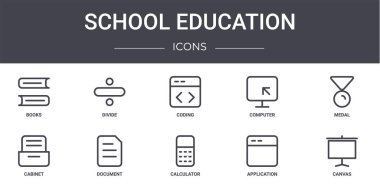 Okul eğitimi konsepti çizgisi simgeleri ayarlandı. Web, logo, ui / ux, bölme, bilgisayar, kabine, hesap makinesi, uygulama, tuval, madalya, kodlama gibi simgeler içerir