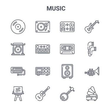 16 müzik konsepti vektör çizgisi simgesi. 64x64 İnce vuruş simgeleri, turntable, gong, earbuds, woofer, gitar, gramofon, banjo, kaset, elektro gitar gibi