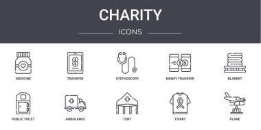 Hayır işi konsepti simgeleri ayarlandı. Ağ, logo, transfer, para transferi, umumi tuvalet, çadır, tshirt, uçak, battaniye, steteskop gibi simgeler içerir