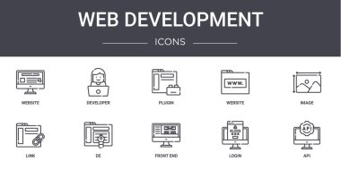 Web geliştirme konsepti simgeleri ayarlandı. Web, logo, ui / ux, geliştirici, web sitesi, link, ön uç, giriş, api, resim, eklenti gibi simgeler içerir