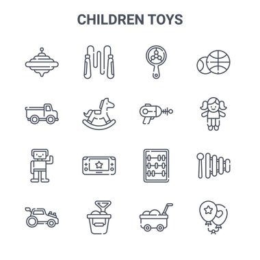 16 çocuk oyuncağı konsept vektör çizgisi simgeleri. Atlama ipi, oyuncak kamyon, bebek, abaküs, kum kovası, balonlar, el arabası, lazer tabancası, top gibi 64x64 ince vuruş simgeleri