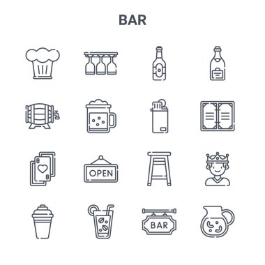 16 çubuk konsept vektör çizgisi simgesi kümesi. 64x64 İnce vuruş simgeleri: Bardak, bira fıçısı, menü, sandalye, mojito, limonata, bar, çakmak, şampanya