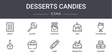 Tatlı konsepti konsepti simgeleri ayarlandı. Web, logo, ui / ux, lolipop, kek, şeker, muz dilimi, makaron, dondurma kupası, çikolata gibi simgeler içerir