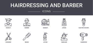 Kuaförlük ve berber konsepti ikonları hazır. Web, logo, berber, önlük, makas, losyon, cilt bakımı, saç kurutma makinesi, elektrikli tıraş makinesi, makyaj malzemesi gibi simgeler içerir