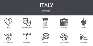 İtalya konsept çizgisi simgeleri ayarlandı. Web, logo, ui / ux, tiyatro maskeleri, pantheon, parfüm spreyi, futbol, Roma kaskı, yüksek topuklar, üzüm, sütun gibi simgeler içerir