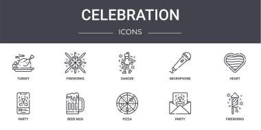 Kutlama çizgisi simgeleri ayarlandı. Web, logo, ui / ux, havai fişek, mikrofon, parti, pizza, parti, havai fişek, kalp, dansçı gibi simgeler içerir
