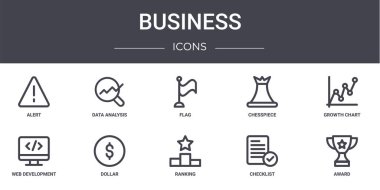 İş konsepti simgeleri ayarlandı. Web, logo, ui / ux, veri analizi, chesspiece, web geliştirme, sıralama, kontrol listesi, ödül, büyüme grafiği, bayrak gibi simgeler içerir