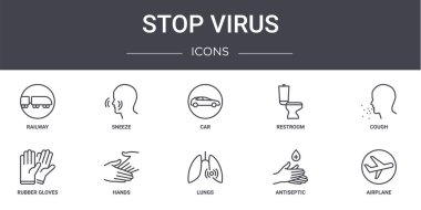 Virüs konsept çizgisi simgelerini durdur. Ağ, logo, hapşırma, tuvalet, lastik eldiven, akciğer, antiseptik, uçak, öksürük, araba gibi simgeler içerir