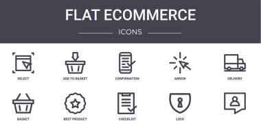 Düz ekommerce konsept çizgi simgeleri ayarlandı. Web, logo, ui / ux, basket, ok, basket, kontrol listesi, kilit, dağıtım, doğrulama gibi simgeler içerir
