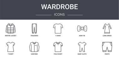 Gardırop konsept çizgisi simgeleri ayarlandı. Web, logo, ui / ux, pantolon, papyon, tişört, polo gömlek, bebek bezi, pantolon, uzun elbise, tişört gibi simgeler içerir