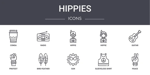 Hippies Concepto Línea Iconos Conjunto Contiene Iconos Utilizables Para Web — Vector de stock
