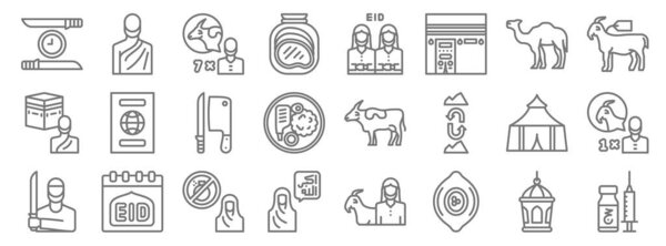 eid al adha line icons. linear set. quality vector line set such as vaccine, stone, woman, butcher, tent, knifes, goat, pray, man
