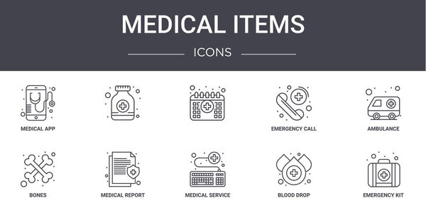 medical items concept line icons set. contains icons usable for web, logo, ui/ux such as , emergency call, bones, medical service, blood drop, emergency kit, ambulance,