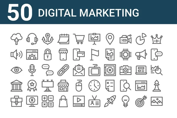 Set Van Digitale Marketing Iconen Schets Dunne Lijn Pictogrammen Zoals — Stockvector