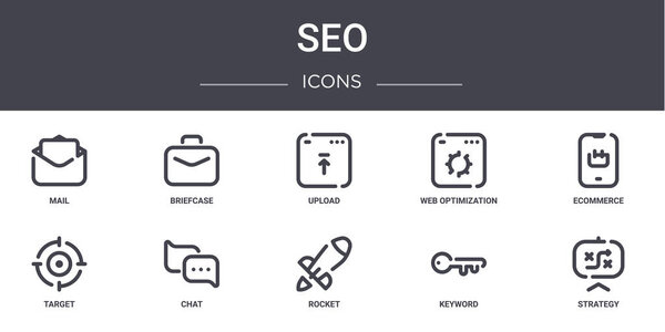 SEO concept line icons set. contains icons usable for web, logo, ui / ux such as briefcase, web optimization, target, rocket, keyword, strategy, ecommerce, upload
