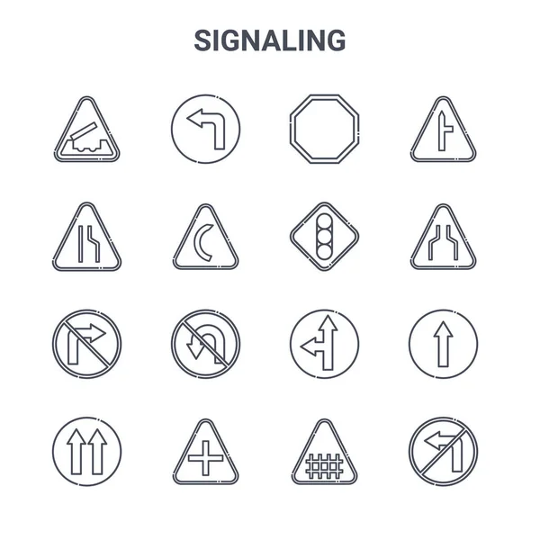 set of 16 signaling concept vector line icons. 64x64 thin stroke icons such as turn left, narrow road, narrow, direction, crossroads, no turn left, fence, traffic lights, intersection