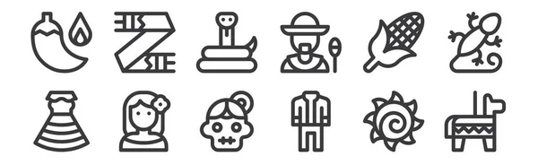 Set Linear Mexico Icons Thin Outline Icons Ata Mariachi Woman — Stock Vector