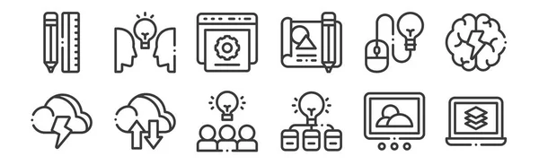 Conjunto Iconos Pensamiento Diseño Lineal Iconos Delgados Como Portátil Bombilla — Vector de stock