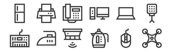 Set Linear Electronics Icons Thin Outline Icons Drone Kettle Iron — Stock Vector