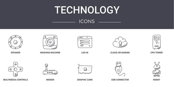 Tecnología Concepto Línea Iconos Conjunto Contiene Iconos Utilizables Para Web — Vector de stock