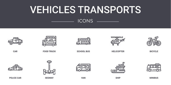 vehicles transports concept line icons set. contains icons usable for web, logo, ui/ux such as food truck, helicopter, police car, van, ship, minibus, bicycle, school bus