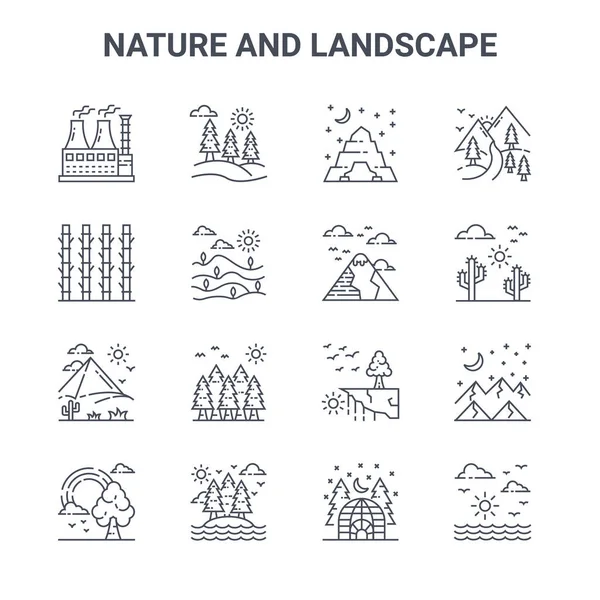 Sada Ikon Vektorových Čar Přírody Krajiny 64X64 Tenké Ikony Tahu — Stockový vektor
