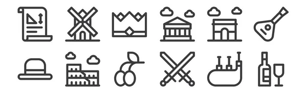 Set Linear Europe Icons Thin Outline Icons Wine Crossed Coliseum — Stock Vector