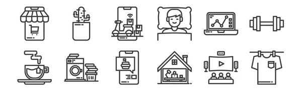 Set Linear Stay Home Icons Thin Outline Icons Laundry Working — Stock Vector