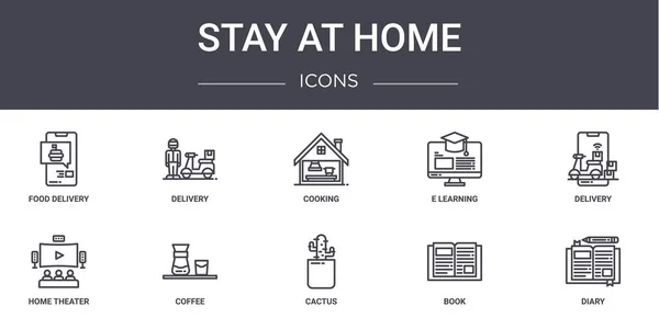 待在家里的概念线图标设置 包含可用于Web Logo Ux的图标 如交付 Learning Home Theater Cactus Book — 图库矢量图片