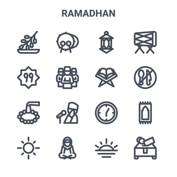 Conjunto Ramadhan Concepto Vector Línea Iconos 64X64 Iconos Trazos Delgados — Archivo Imágenes Vectoriales