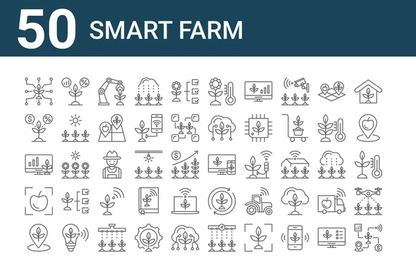 50のスマートファームアイコンのセット スマートファーム スキャナー モニター モニターなどの細い線のアイコンの概要 — ストックベクタ