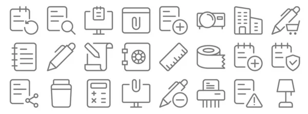 Arbeit Büro Versorgungsleitung Symbole Lineares Set Qualitätsvektorzeilensatz Wie Tischleuchte Papierhalter — Stockvektor