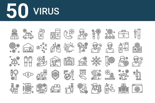 50 virüs ikonu. klasör, ilaç, arama, uyarı, virüs, taksi, ev gibi ince çizgi simgeleri