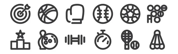 Conjunto Iconos Deportivos Lineales Iconos Delgados Como Bádminton Cronómetro Bolos — Vector de stock