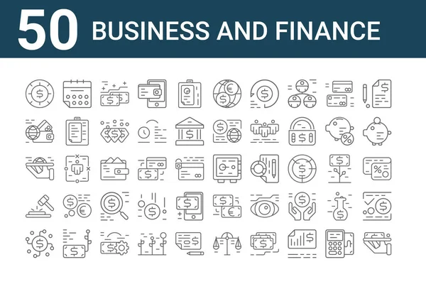 一套50个商业和金融图标 列出诸如现金支付 保险箱 货币兑换等细线图标 — 图库矢量图片