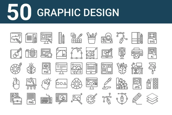 50 grafik tasarım ikonu. Katman, portföy, fare, renk seçici, çizim, ızgara çizgileri, ipad tableti gibi ince çizgi simgeleri