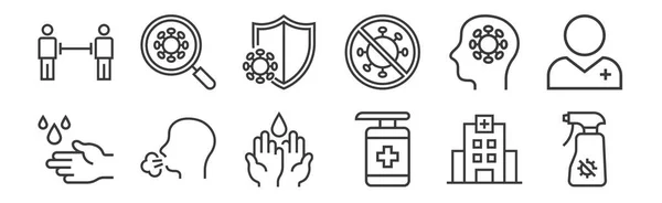 Set Linear Pandemic Novel Virus Icons Thin Outline Icons Disinfectant — Stock Vector