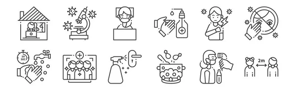 Conjunto Iconos Del Coronavirus Lineal Iconos Delgados Como Distancia Cocina — Vector de stock