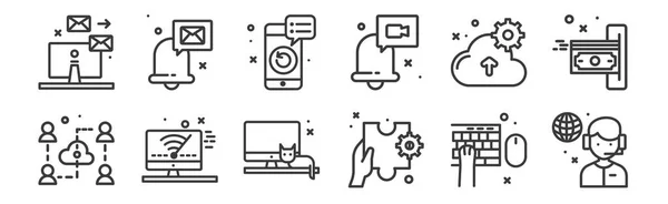 来自家庭图标的12套线性作品 瘦轮廓图标 如支持 解决方案 无线网络 电子邮件为网络 — 图库矢量图片