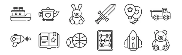 Σειρές Γραμμικών Παιδικών Παιχνιδιών Εικονίδια Λεπτές Εικόνες Περίγραμμα Όπως Αρκουδάκι — Διανυσματικό Αρχείο