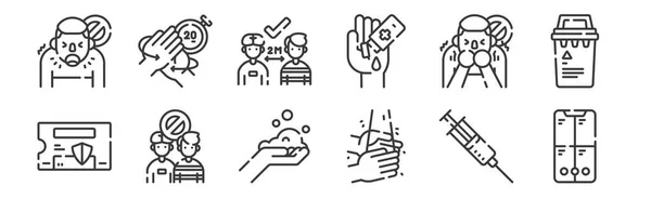 12套线性冠状病毒预防图标 纤细的图标 如视频会议 网页洗手 — 图库矢量图片