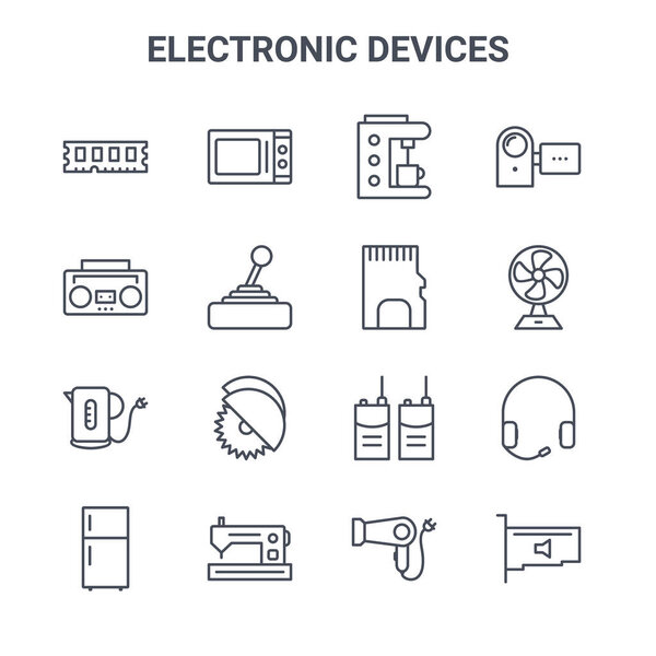 набор из 16 электронных устройств понятие векторной линии иконки. 64x64 тонкий штрих иконки, такие как микроволновая печь, аудиолента, вентиляторы, рации talkie, швейная машина, карта, фен, карта памяти, под рукой
