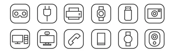 Conjunto Hardware Lineal Gadgets Iconos Iconos Delgados Como Webcam Teléfono — Vector de stock