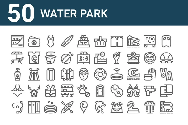 一套50个水上公园图标 概述细线图标 如滑水 比基尼 防晒霜 日光浴 水上公园 橡皮圈 野餐篮 手提式厕所等 — 图库矢量图片